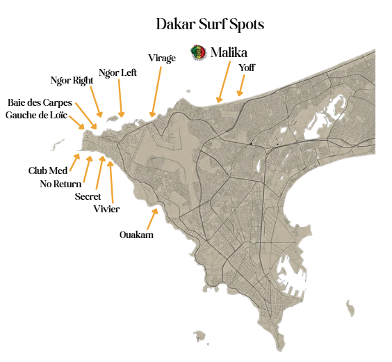 Surf in Senegal, Dakar, carte des spots de surf